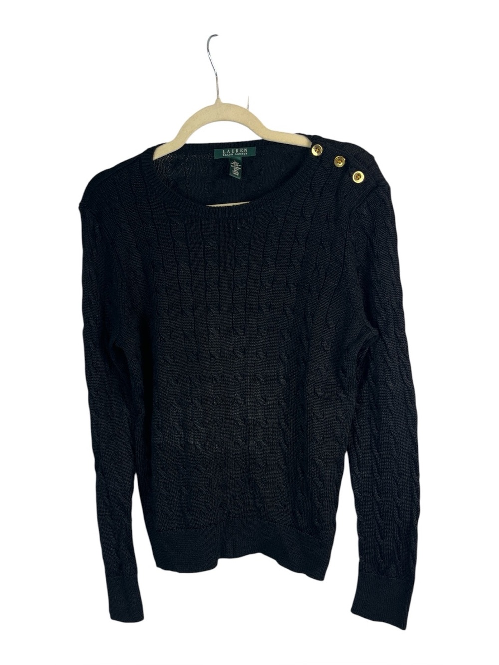Lauren Ralph Lauren Black Cable Knit Sweater L Gold Button Preppy Classic